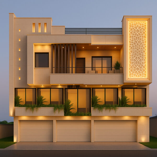 Modern 3-Floor Contemporary House Elevation Design (Orange & Grey Theme)